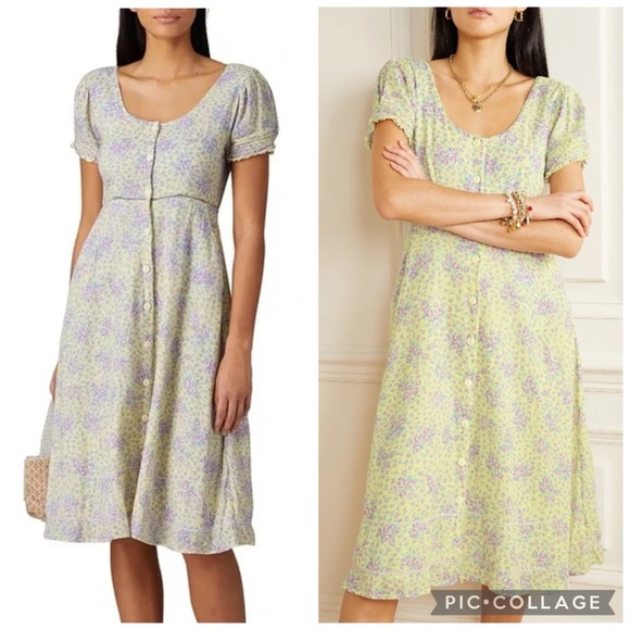 LoveShackFancy Dress Regina Floral Button Up MIDI Dress Size 8 Yellow Purple - Picture 3 of 16